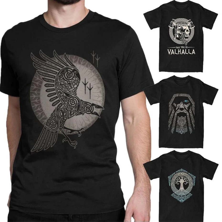 

Man's Viking T Shirts Men Raven Valhalla T-Shirt Vintage Round Neck Short Sleeves Tops Cotton Tee Shirt Original Vikings Tshirt