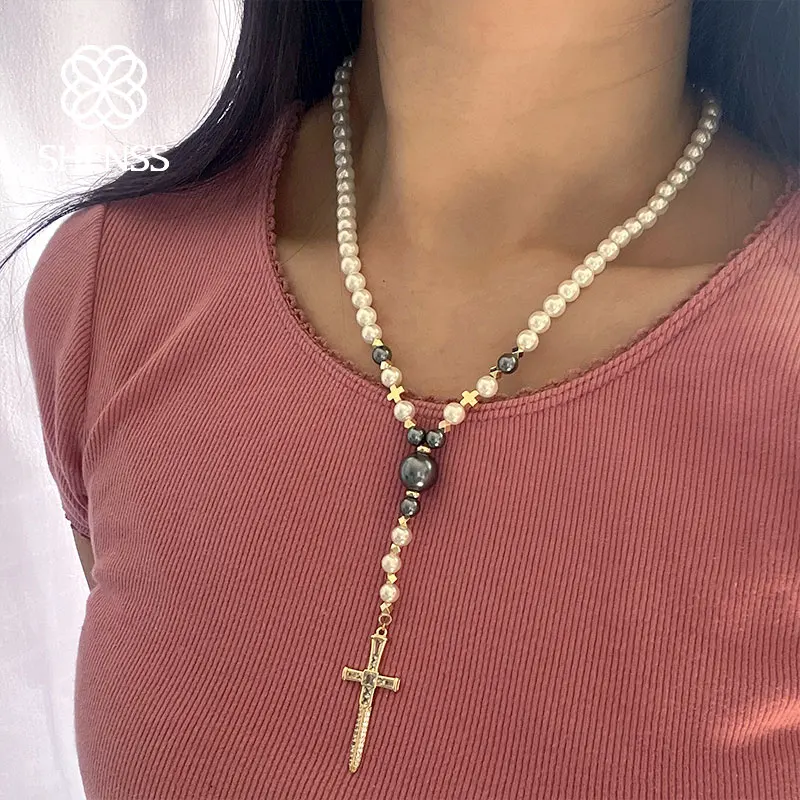 

High Quality Shell Pearl Necklace For Unisex Fashion Cross Pendant 50CM