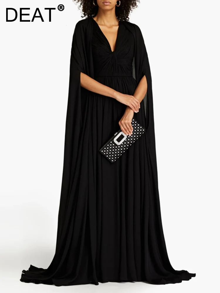 DEAT Women Fashion Evening Dress V-neck Shawl Split Floor-length Solid Color Loose Female Elegant Party Dresses 2023 New 13DB383