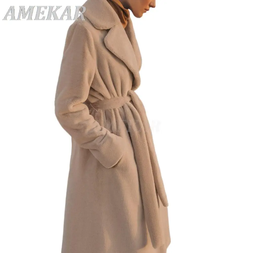 Winter Women High Quality Faux Rabbit Fur Coat Luxury Long Coat Loose Lapel OverCoat Thick Warm Female Plush Coats