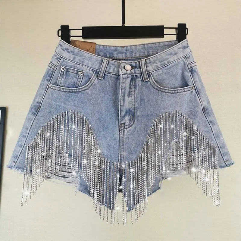Chain Jeans Women's 2023 Summer New High Waist Slim Sexy Shorts Heavy Beading Ladies Denim Shorts Women Fashion