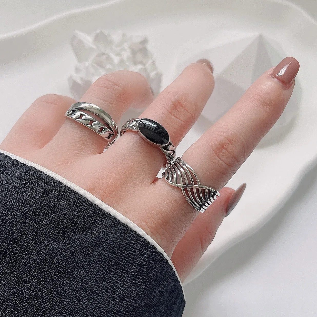 

925 Silver Color Rings For Women Handmade Blac StoneGeometic Couple Engagement Fine Jewelry New Trendy Party Accessories Gift