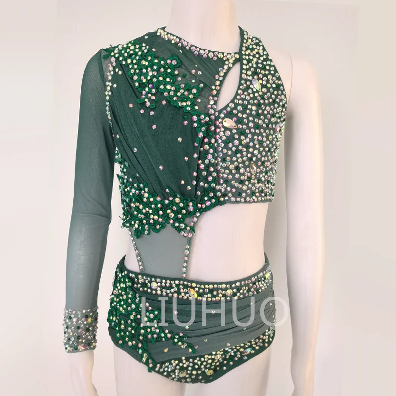

Ladies One Piece Hollow Pole Dance Clothes Green Diamond Competition Training Suit