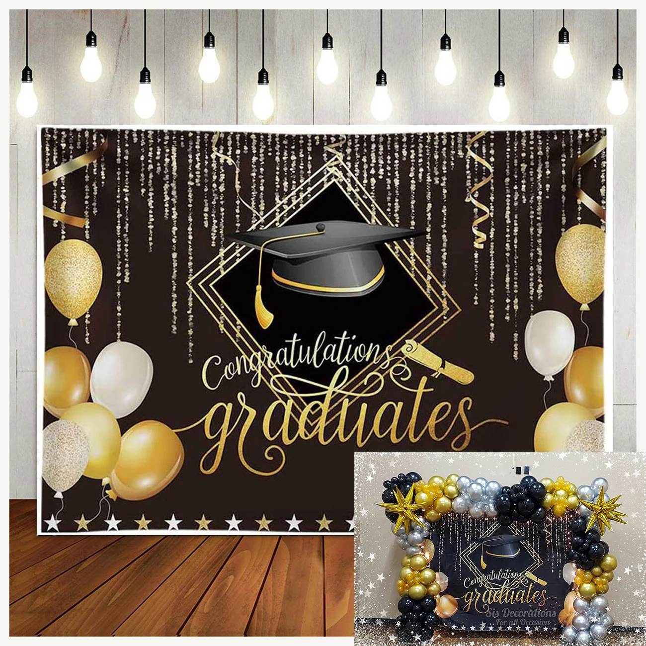 

7X5FT 2022 Class Graduation Backdrop for Photography Gold and Blue Bachelor Cap Balloon Grad Congrats Party Banner Background