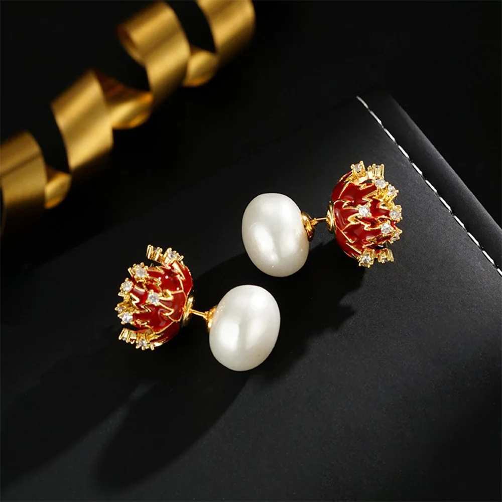 Серьги-подвески duobeiduo из меди с жемчугом и цветком