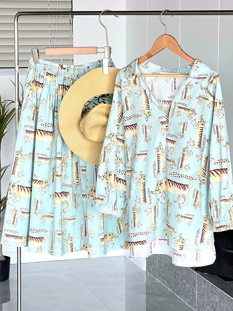 

Women Shirt mar* Little Tiger/Floral Series 3/4 Sleeve Blouses + High Waist Umbrella Midi Skirt 100% Cotton