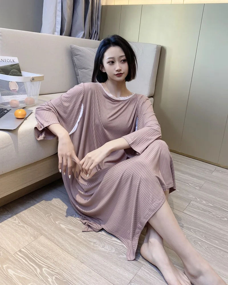 Fdfklak Viscose Night Dress Womens Sexy Sleepwear Female Spring Summer O-Neck Nighty Nightgown Lady Lone Size Nightwear