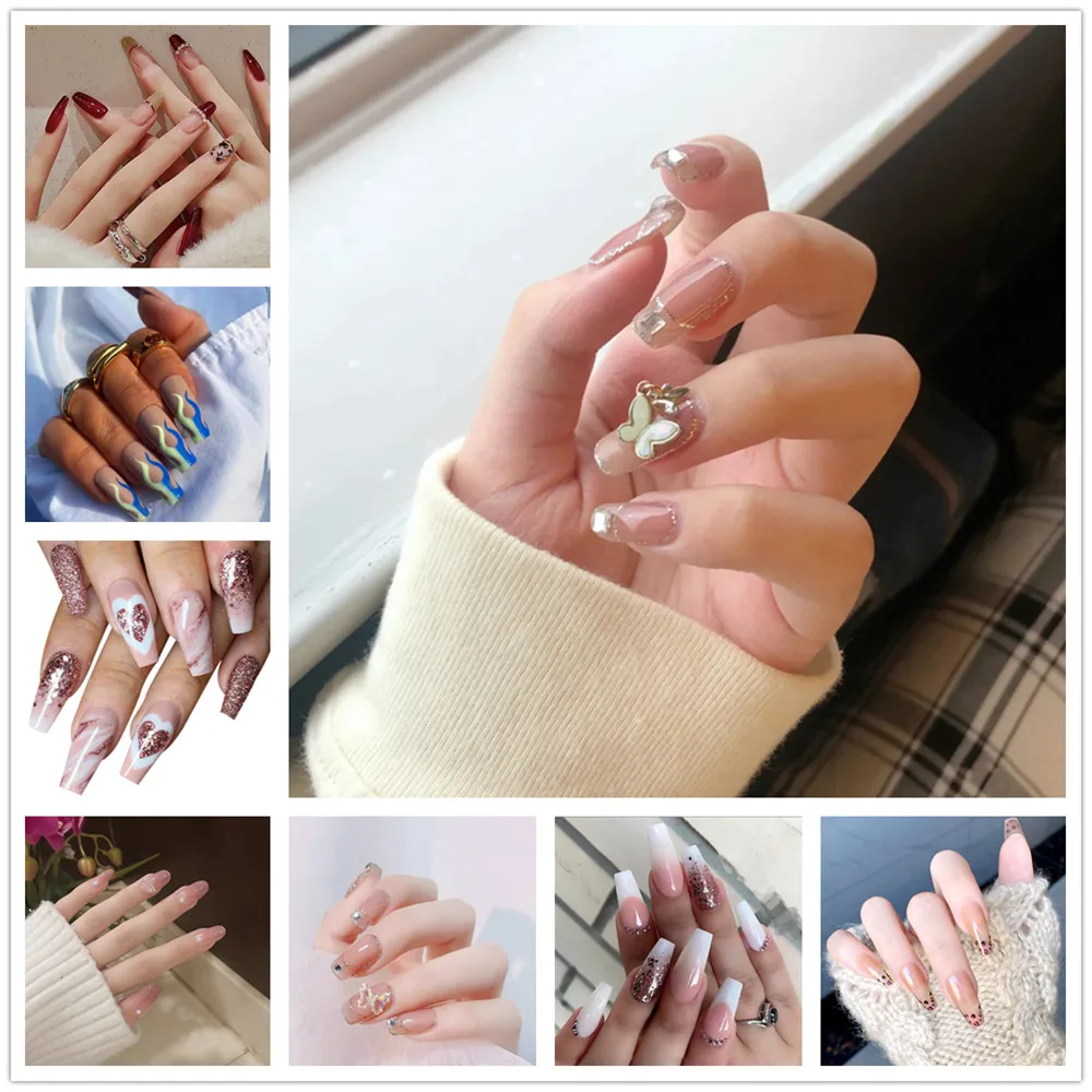 

Накладные ногти с эффектом бабочки Стразы и т. д. украшение полное покрытие носимые Готовые Ногти искусственные накладные ногти для маникюр...