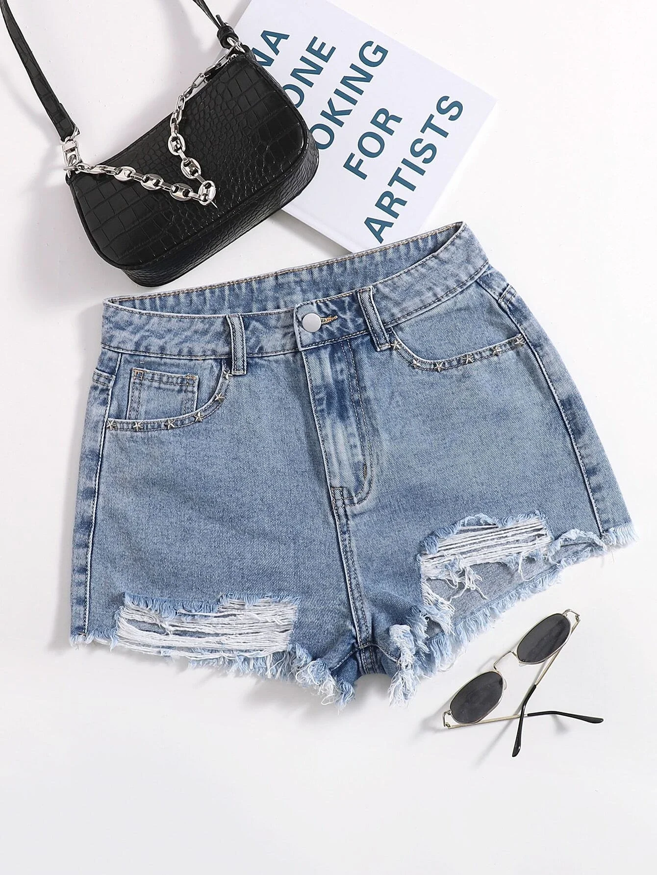 

Star Beaded Ripped Raw Hem Denim Shorts