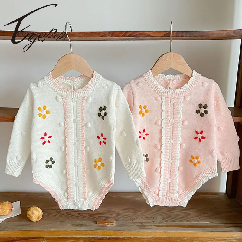 

Engepapa Knitted Baby Girl Embroider Flower Romper Spring Autumn Kids Baby Girl Princess Sweet Jumpsuit Infant Baby Girls Romper