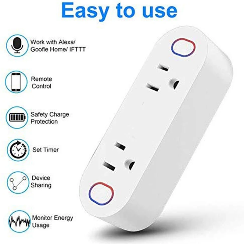 2 Pack Smart Plug 15A Dual Outlet Sockets With Energy Monitoring Hands-Free Voice Control For Alexa IFTTT & Google Assist