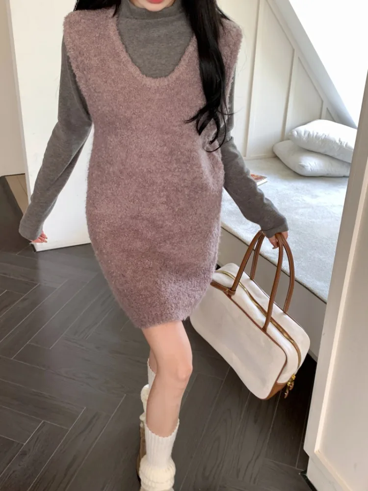 Элегантное круглое меховое фиолетовое платье-жилет во французском стиле женское