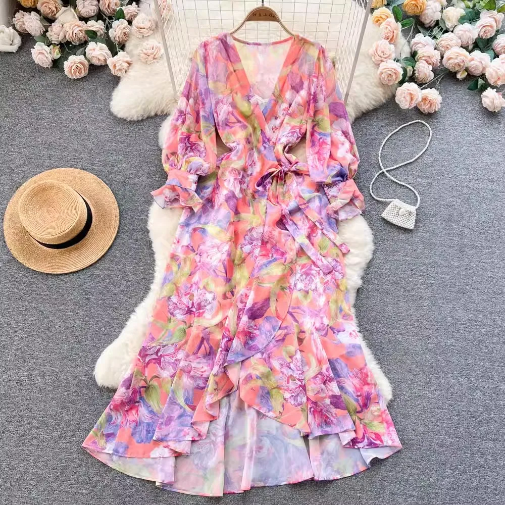 

Женское шифоновое платье с коротким рукавом, с высокой талией