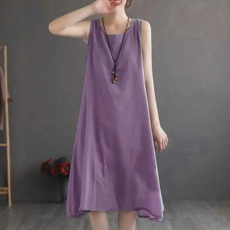 

Vintage Cotton Linen Loose Dresses for Women Summer Sleeveless Beach Tank Maxi Dress Lady Casual Boho Oversized Long Dress Robe