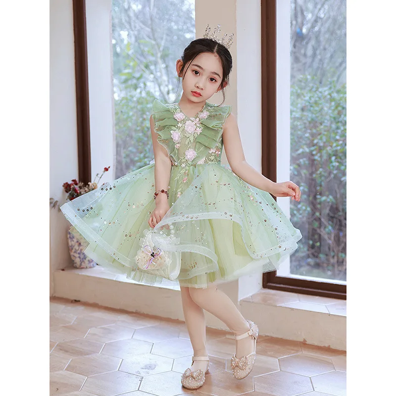 

Little Flower Girl Dress Mesh Tutu Child Vestido Compere Costume Lace Temperament Princess Skirt Birthday Wedding Catwalk Show