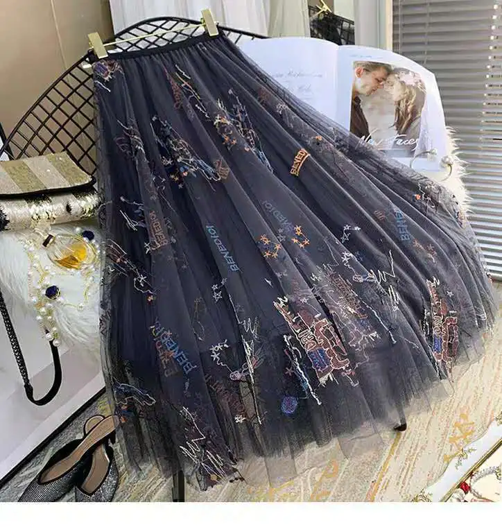 Heavy Work Elegant Embroidered Women Skirts Sequined High Waist Mesh Skirt Summer Big Swing Galaxy Fairy Long Tulle Skirt