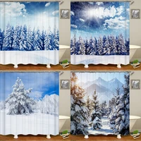 natural landscape shower curtains bathroom curtain snow scene cedar waterproof polyester bath curtain home decorationwith hooks
