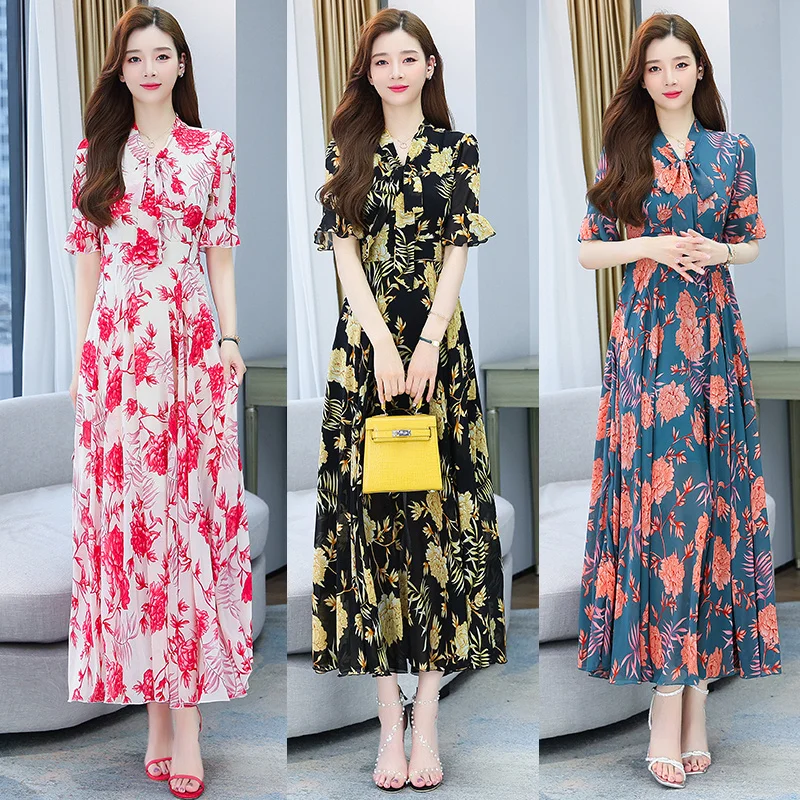

2022 Summer Women Short-sleeved Chiffon Dress O-neck High Waist Floral Print Beach Long Dresses Elegant Sexy Vestidos