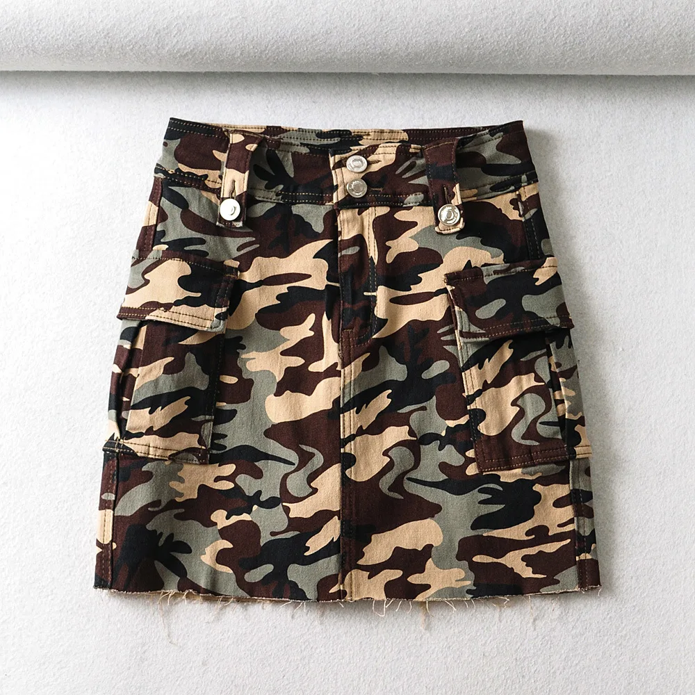 

High Waist Mini Length Camouflage A-line Short Skirt Pocket Summer Skirts Women