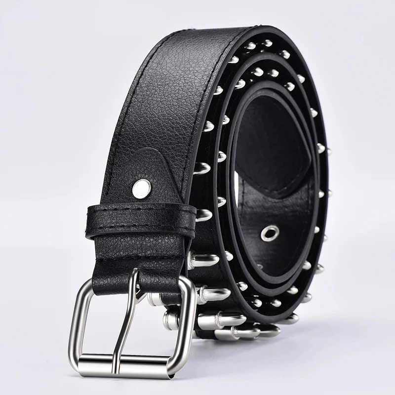 New high-end fashion women's belt punk leather belt hollow rivet luxury brand belt personality rock adjustable young trend belt
