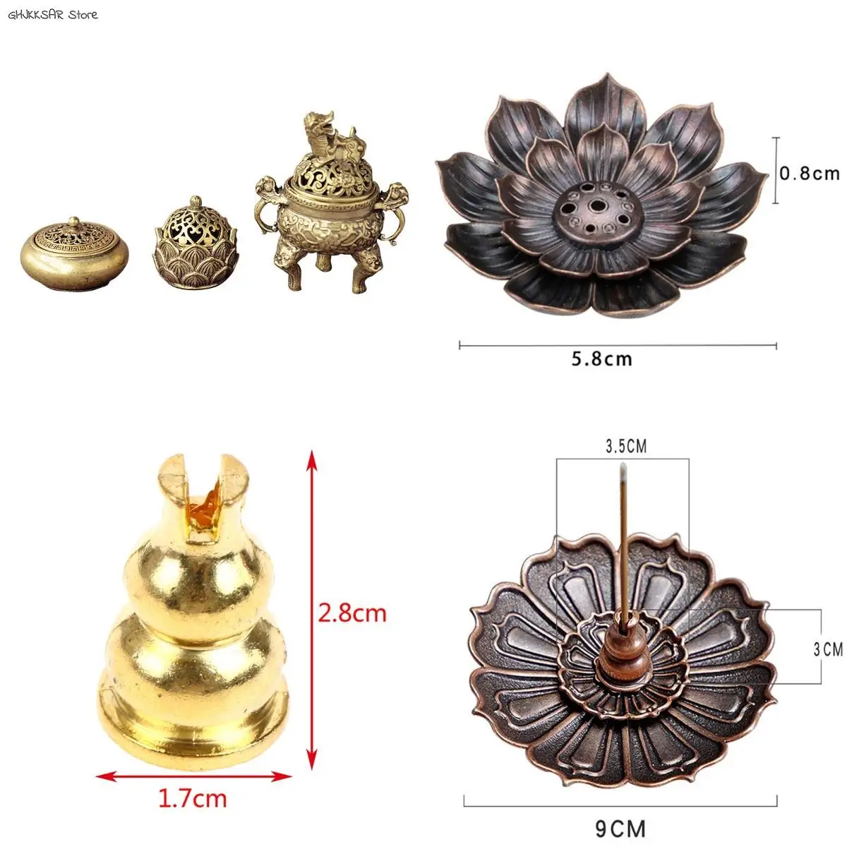 Antique Brass Three Legs Qilin Head Lotus Chinese Ancient Beast Censer Solid Copper Tea Desk Decor Censer Burner Mini Ornaments