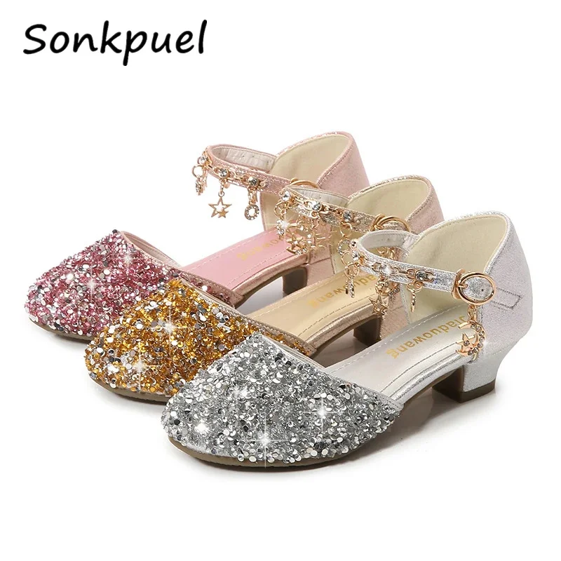 

Сандалии для девочек, принцесса, жемчуг, бант, подвесные туфли, дети, Алмазные блестки, высокий каблук, летняя детская обувь для танцев, свадьбы