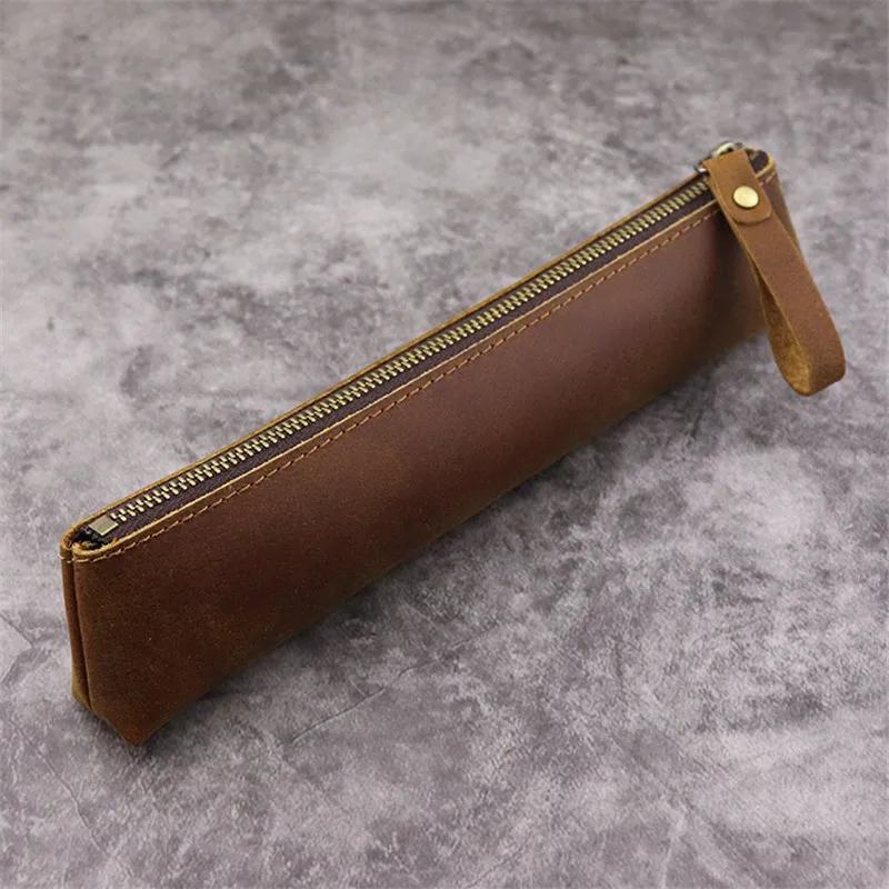 Crazy horse cowhide retro simple stationery bag pencil ballpoint pen pen storage bag stationery box handmade genuine leather bag