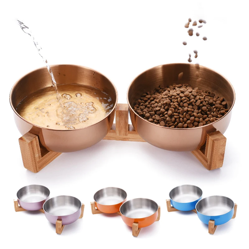 

Dog Bowl Stainless Steel Pet Bowl for Small Large Dogs Cats Round Pet Food Water Container Gold With Wood Stand Dog Accessories