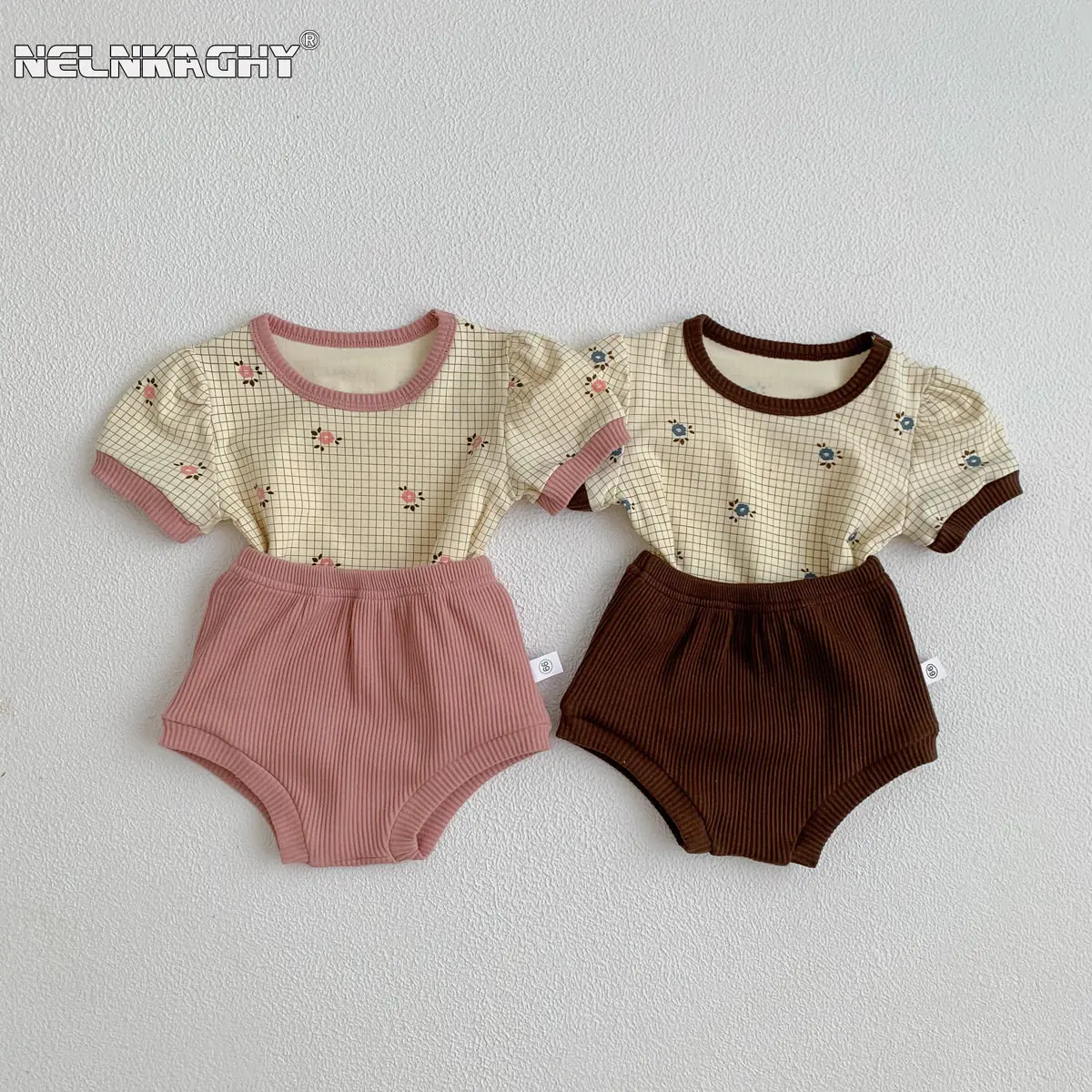 Summer New Nordic Baby Set Ins Style Puff Sleeve Fragmented Flower Print Top Tees +solid Color Bottoms Kids Infant Clothing