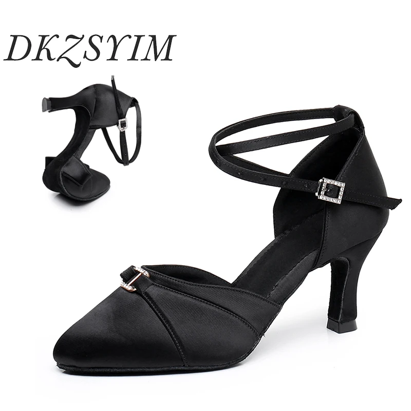

DKZSYIM Women Salsa Latin Tango Dance Shoes Elegant Lady Ballroom Silk Soft Suede Soles Closed Toe Dance Shoes High Heels 5/7cm