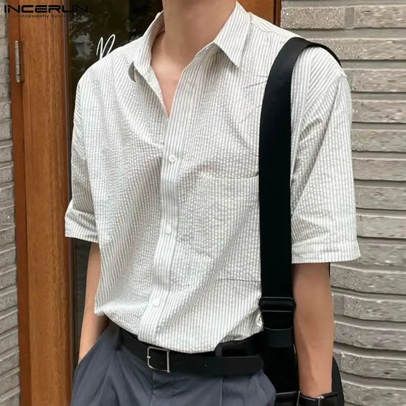

Casual Simple Style Tops INCERUN New Men's Simple Bubble Striped Shirts Streetwear Male Hot Sale Short Sleeved Blouse S-5XL 2023