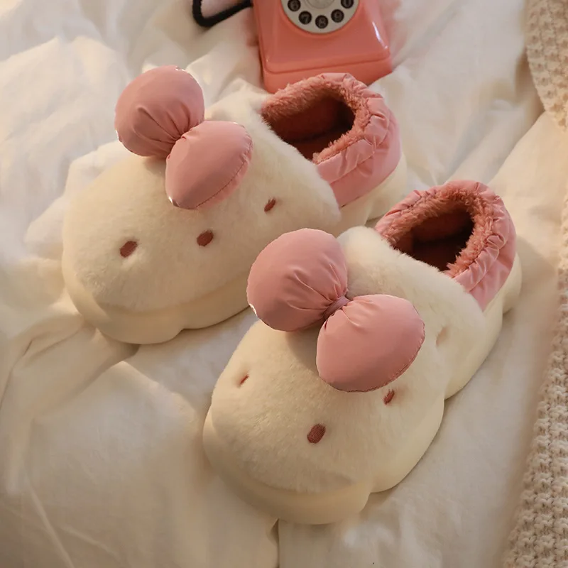 2022 Winter Cotton Flip Flops Women Home Indoor Slides For Fluffy Hairy Fur Cute Bowknot Soft Thick Slippers Funny Shoes Female