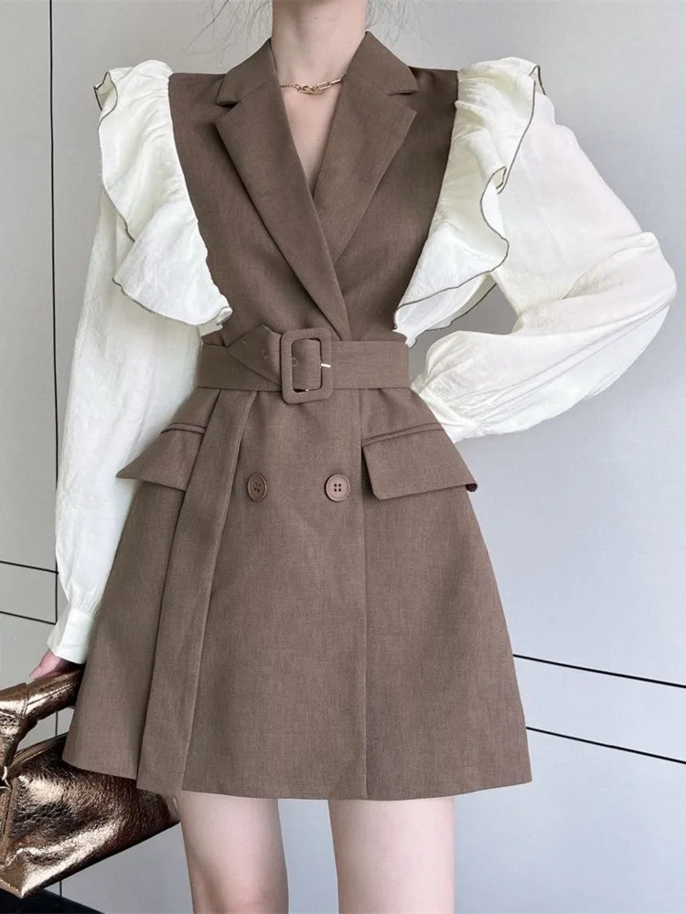 

Высококачественное осеннее корейское модное офисное платье, женское повседневное универсальное платье с длинным рукавом и оборками, женск...