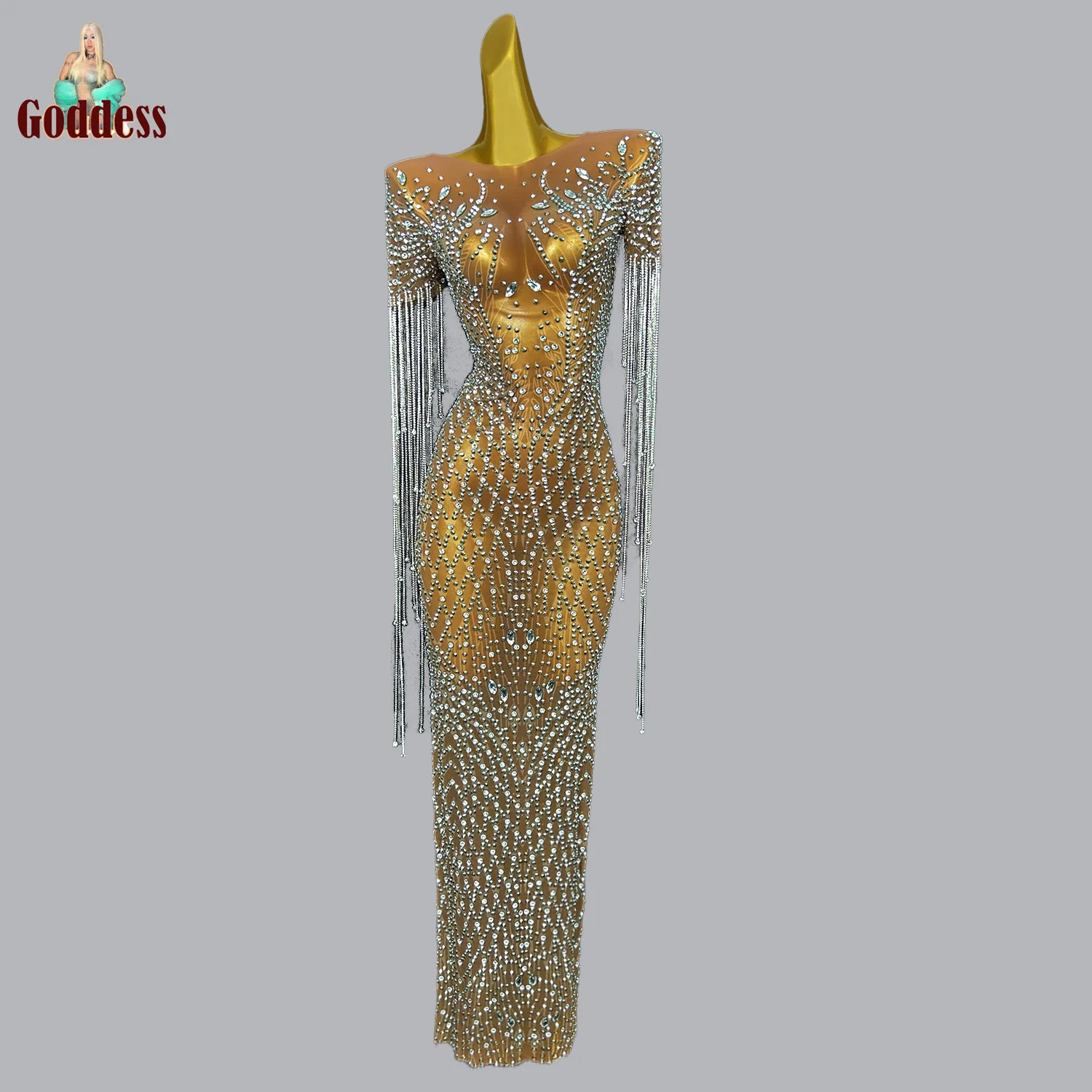 seksowna przezroczysta siateczka frędzle świecący Rhinestone długa sukienka na studniówkę luksusowe zroszony kryształy damskie suknie