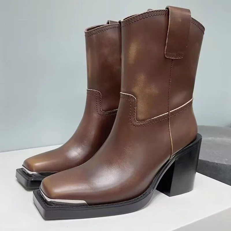 

New Genuine Leather Comfortable Square Head Fashion Boots for Women's Thick Sole Square Heel English Mixed Color Calf Boots 2023