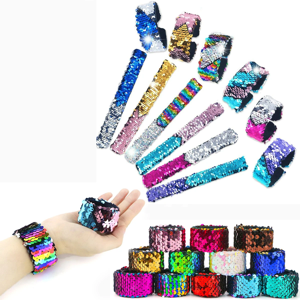 

Magic Paillette Mermaid Patted Bracelets Two-Color Sequin Reversible Glitter Slap Bracelets Charms Wristband for Kids Grownups