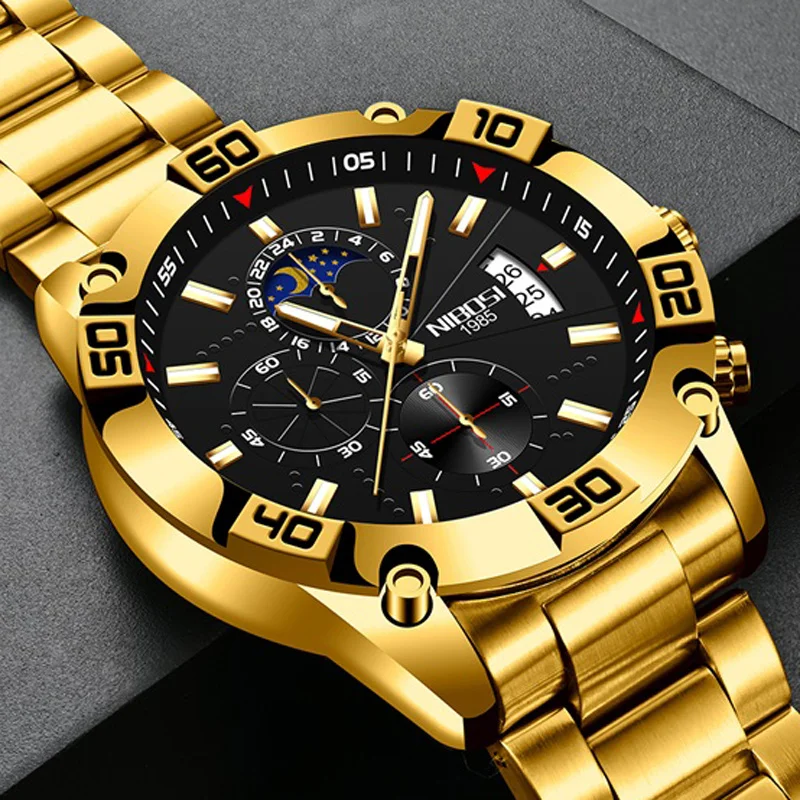 

NIBOSI 2022 Fashion Watch Mens Watches Top Brand Luxury Gold Quartz Watch Stainless Steel Chronograph Men Relogio Masculino