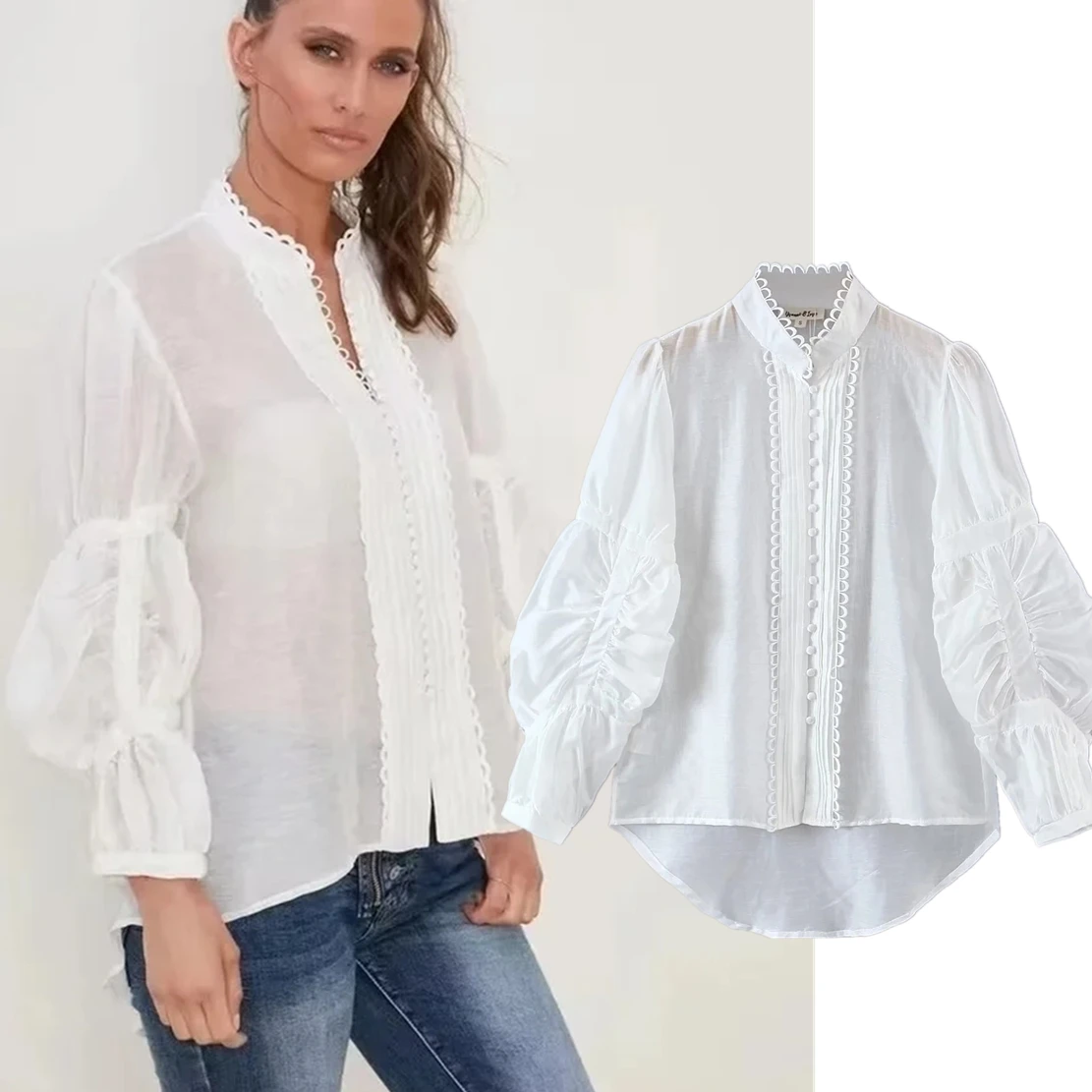 

Elmsk Indie Folk Linen Lace Splicing Fashion Ins Blouse Blogger Lantern Sleeve White Shirt Kimono Blouse Women TOps