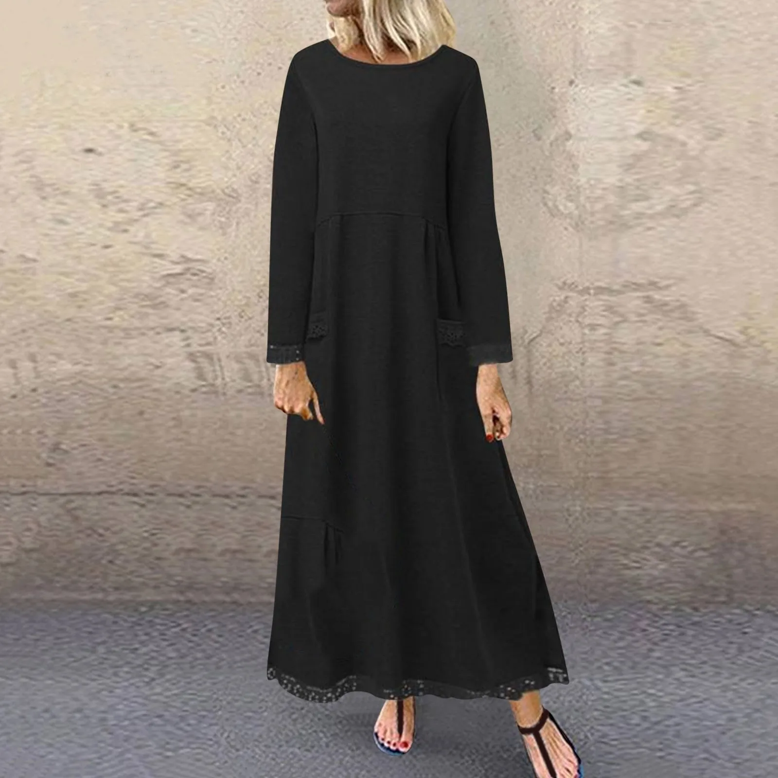 

Женское однотонное платье с круглым вырезом, кружевное Повседневное платье с длинным рукавом и карманами, шифоновое летнее платье