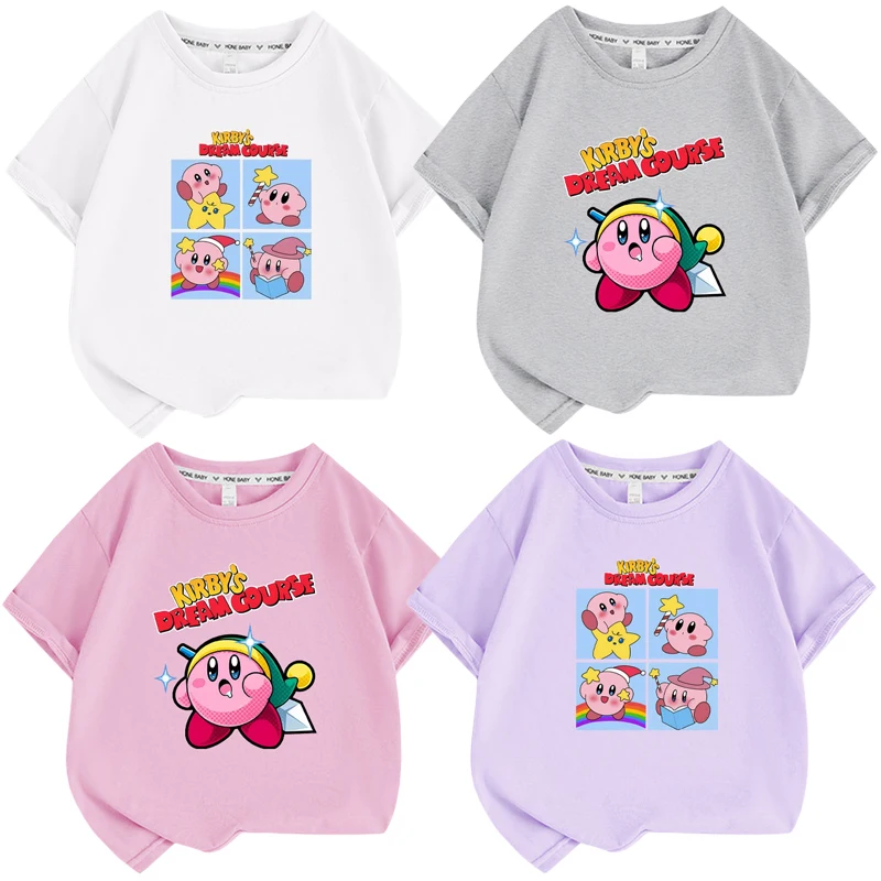 Cartoon Anime Kirby Children Top Clothing Half Sleeve Kids T-shirt Kawaii Sweet Cute Printing Girls Summer Short Sleeve