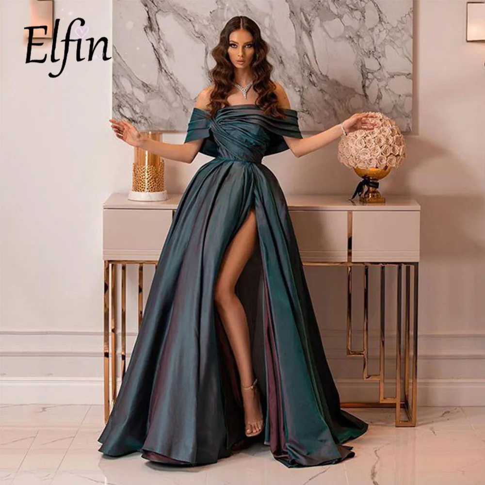 

Elfin High Side Split Satin Prom Dresses Long Evening Gowns Off The Shoulder Formal Women Dress Evening Party Wear