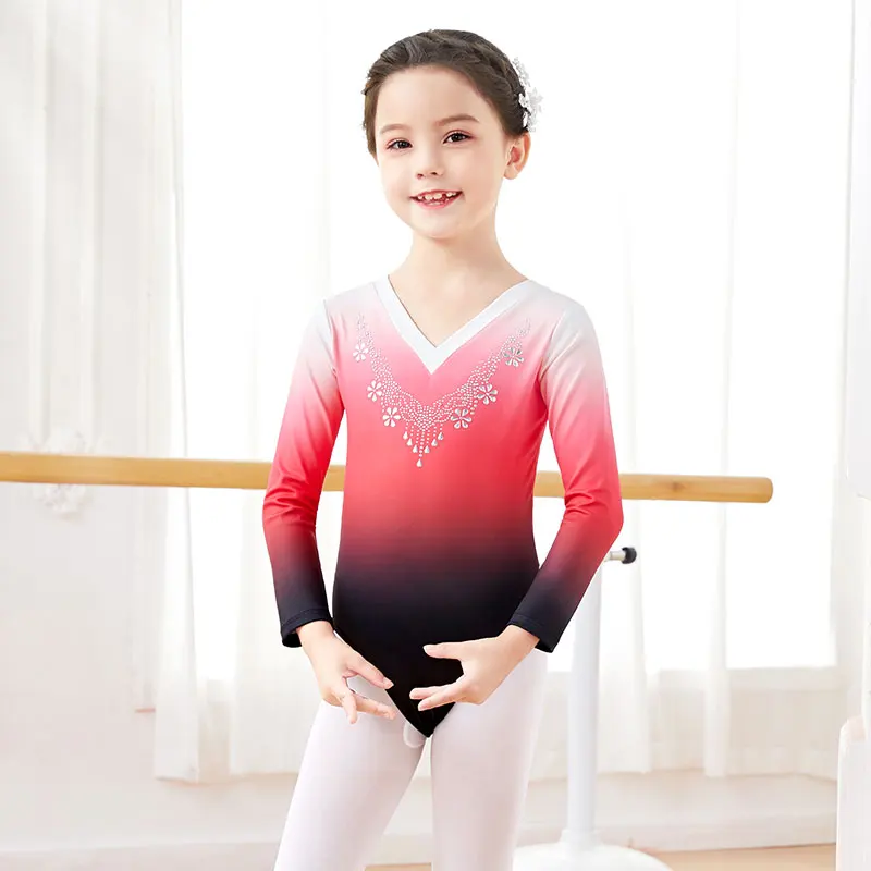 Gymnastics Leotard Girls Ballet Leotards Gradient Rhinestone V Collar Closed Crotch Dance Leotards Ballet Bodysuit Girls