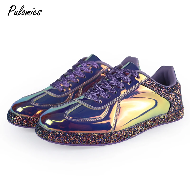 

Women Shoes Vulcanized Sneakers For Female Flats Comfortable Walking Shoe Lace Up Fashion Bling Punk Colorful Laser Soft Sole