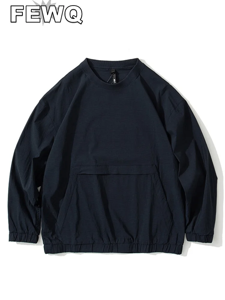 

FEWQ 2023 Men's Sweatshirt Autumn Solid Color Round Collar Long Sleeve Male Top Elastic Large Pockets Causal Clothing 24A18