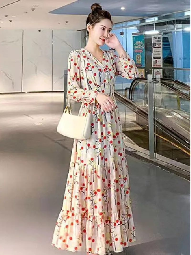 Женское шифоновое платье с V-образным вырезом длинным рукавом