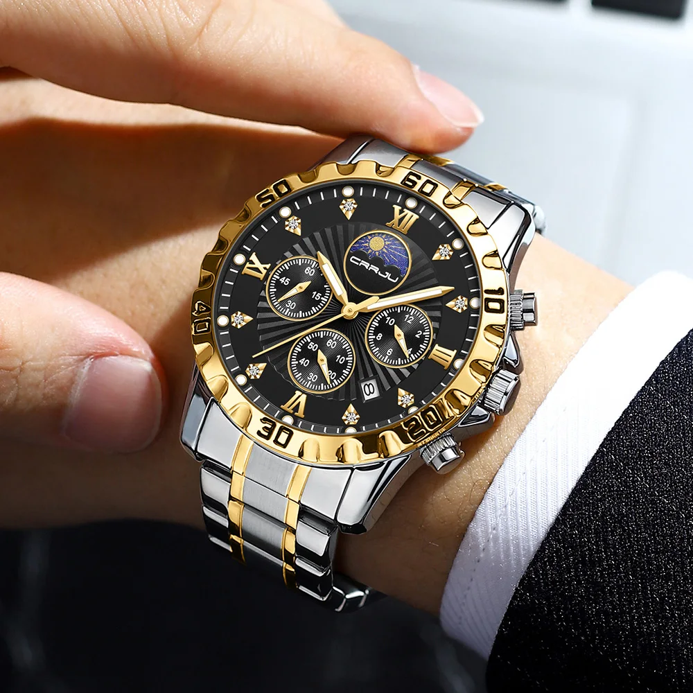 Часы CRRJU Мужские Аналоговые Кварцевые с хронографом люксовые деловые