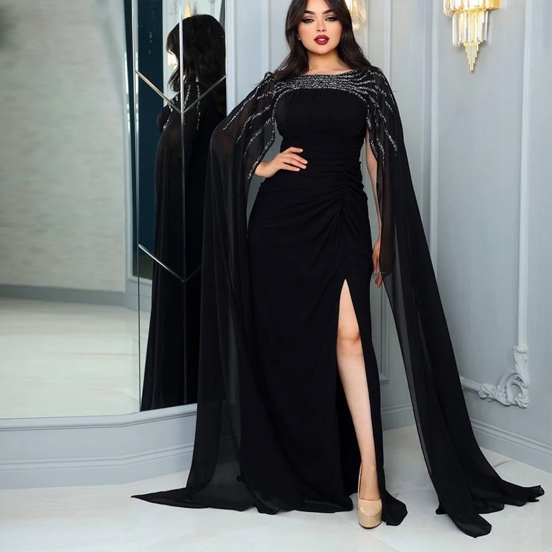 

Классическая черная искусственная кожа с рукавом-плащом, отделанным бисером, блестками, с разрезом сбоку, арабское платье Дубаи