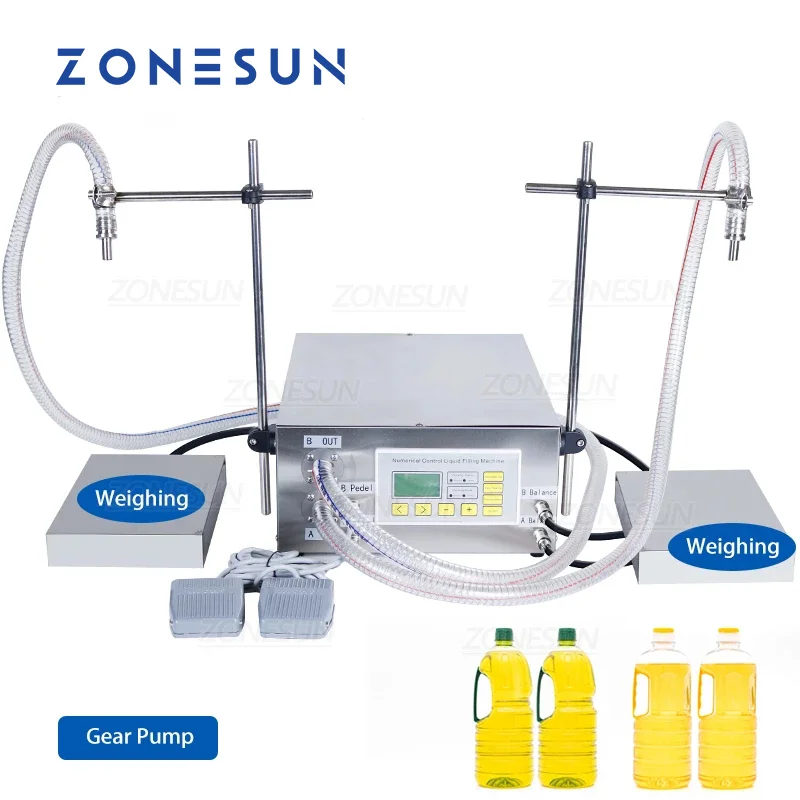 

ZONESUN Double Nozzles Semi Auotomatic Oil Filler Lubricating Edible Essential Gear Pump Oil Weighing Filling Machine ZS-GP632