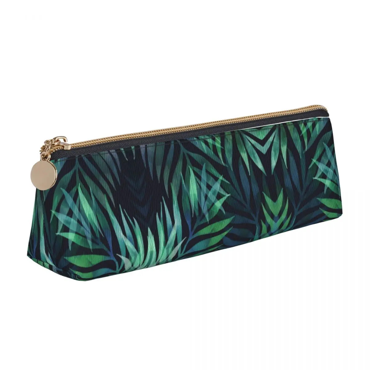 

Dark Green Palms Leaves Pattern Triangle Pencil Case Nature College Large Zipper Pencil Box Teens Kawaii Leather Pen Bags