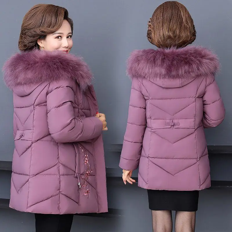 Middle Aged Women Down Cotton Jacket New Fashion Hooded Fur Collar Parkas loose Women Winter Jacket Coat Outerwea 5XL mom